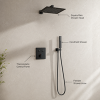 Système de douche thermostatique mural carré chromé à double fonction avec douchette à main, design moderne, en cuivre