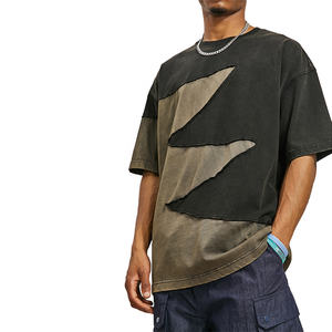 Tee Áo sơ mi tùy chỉnh thời trang dạo phố chắp vá cắt và may t Áo sơ mi quá khổ TEE Áo phông nam axit rửa màu khối Áo Thun kemeja - Product Image 3