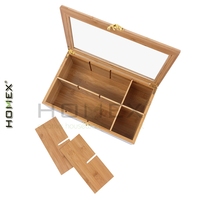 Boîte à thé en bambou 100% avec 8 compartiments de rangement, organiseur de sachets de thé et couvercle à charnière transparent incassable