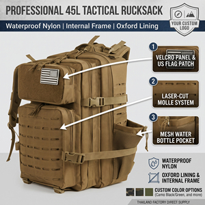 Custom Men's 45L Premium Nylon Tactical <b>Backpack</b> Waterproof Camo Black Green with Internal Frame Oxford Lining Hiking Rucksack - Product Image 1