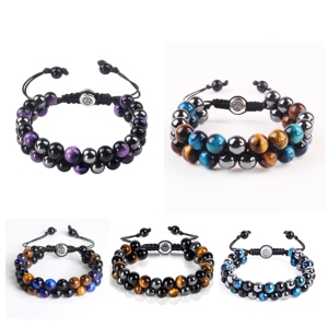Hai Lớp 8Mm Tự Nhiên Hạt Vòng Đeo Tay Ba Bảo Vệ Obsidian Tiger Eye Hematite Chữa Bệnh Pha Lê Bóng Mô Hình Kéo Dài - Product Image 3