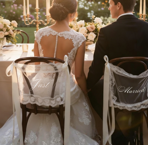 Decoración de encaje para respaldo de silla de boda LANJO con cinta de satén, letrero de recién casados y tarjeta de asiento con nombre personalizado para la recepción de la despedida de soltera - Product Image 1