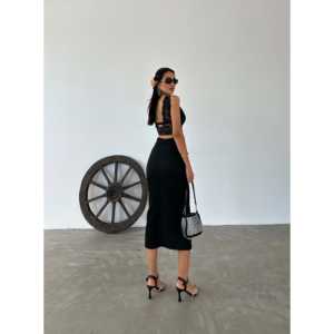 Jupe midi taille haute en tissu ottoman pour femme, coupe ajustée avec fente latérale - Product Image 2