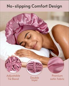 Bonnet de nuit en satin doublé double couche réglable avec logo personnalisé pour femme, idéal pour le coiffage et les soins capillaires naturels - Product Image 2