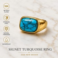 Bague en Acier Inoxydable Turquoise en Gros, Anneau Chevalier en Or 18K avec Matrice Naturelle Sertie pour Femme, Collier Acero Ganku