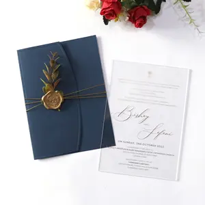 Hottest Vintage Gold Foil Clear Acrylic Cards Minimalist Design Paper Jacket Wedding Invitations With Wax Seals
