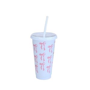 Nouveauté Gobelets réutilisables en plastique mat sans BPA de 24oz, blanc, rose, bleu, avec nœud, PP, paquet de 12 tasses avec couvercles et pailles - Product Image 5