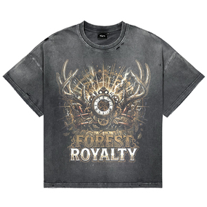 <b>Men's</b> Vintage Spray Wash Distress Cotton Oversized Tees <b>Steampunk</b> Antlers Watch Print High Quality Breathable T-Shirts - Product Image 1