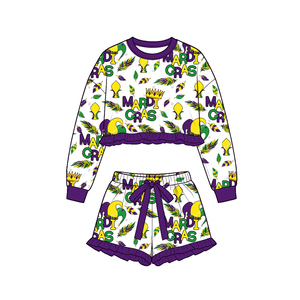 Précommande : Tenues décontractées imprimées avec masque Mardi Gras et shorts à volants pour petites filles, assorties pour sœurs, pour festivals et célébrations, vente en gros pour enfants - Product Image 5