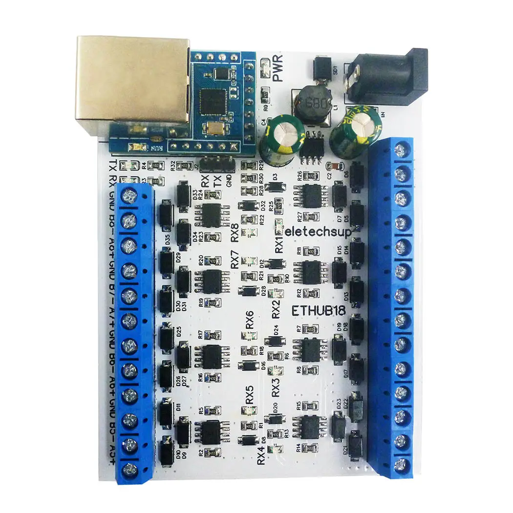 Rail Din 8 canaux réseau Ethernet DC12-24V RJ45 à 8 ports RS485 HUB Converter pour UDP TCP Mod