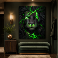 Impression murale en aluminium Portrait de Lion Noir, Image d'animal avec éclairs dorés pour bureau de direction, hôtel, salon, Décoration spectaculaire