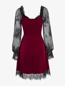 Nuovi Arrivi: Mini Abiti Gotici con Pizzo Floreale, Maniche a <span class=keywords><strong>Poeta</strong></span>, Patchwork in Velluto, Vestito a Strati per Feste da Donna, Tre Colori - Product Image 3