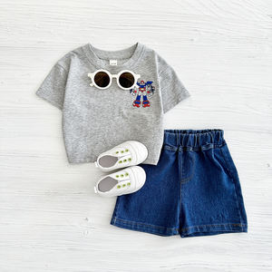 Set Pakaian Bayi Laki-laki Atasan Lengan Pendek Bordir Robot Kartun Kasual + Set Celana Pendek Denim Musim Panas 1-3 Tahun - Product Image 6