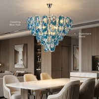 Lustre suspendu de luxe en verre artistique bleu vintage français, lampe de designer du milieu du siècle avec chaîne