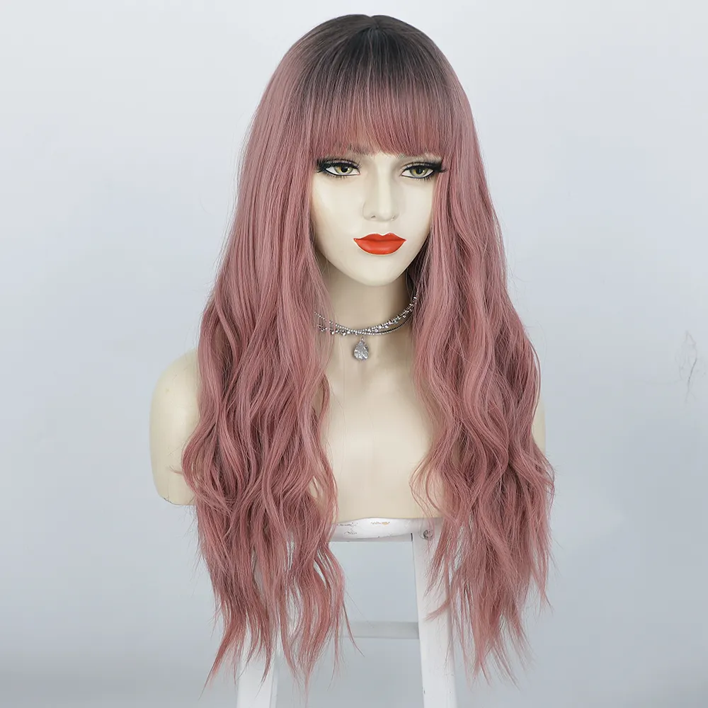 Synthetic Wigs Neat Bangs Light Pink Long Curly Hair Big Waves Amazon Hot Selling Head Set Female Wigs