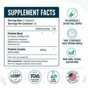 Cápsulas Probióticas Multicepas, Complejo para el Equilibrio Intestinal, 12 Cepas, 25 Mil Millones de UFC con Prebióticos FOS GOS, Cápsula Dietética Vegetariana - Product Image 5