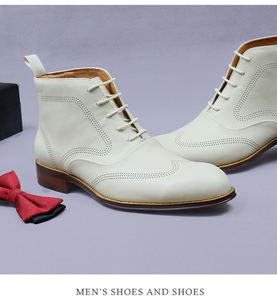 High Quality ASTON M.JAZZ 96157 Men's White Chelsea <b>Boots</b> Genuine Leather High Top Lace-Up Patchwork Pointed Toe Breathable - Product Image 6