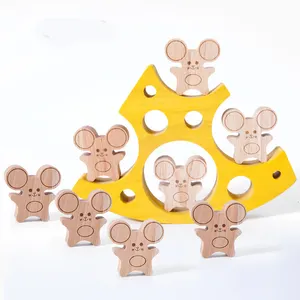 HOYE CRAFT-bloques de construcción de madera de haya Montessori, juguetes clásicos de apilamiento, con dibujos de ratón y queso