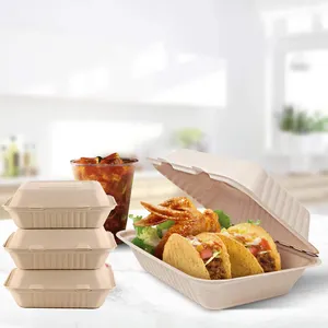Lancheira resistente biodegradável para alimentos, recipiente de polpa de cana-de-açúcar, bagaço ecológico, caixa de embalagem para fast food, 9 x 6