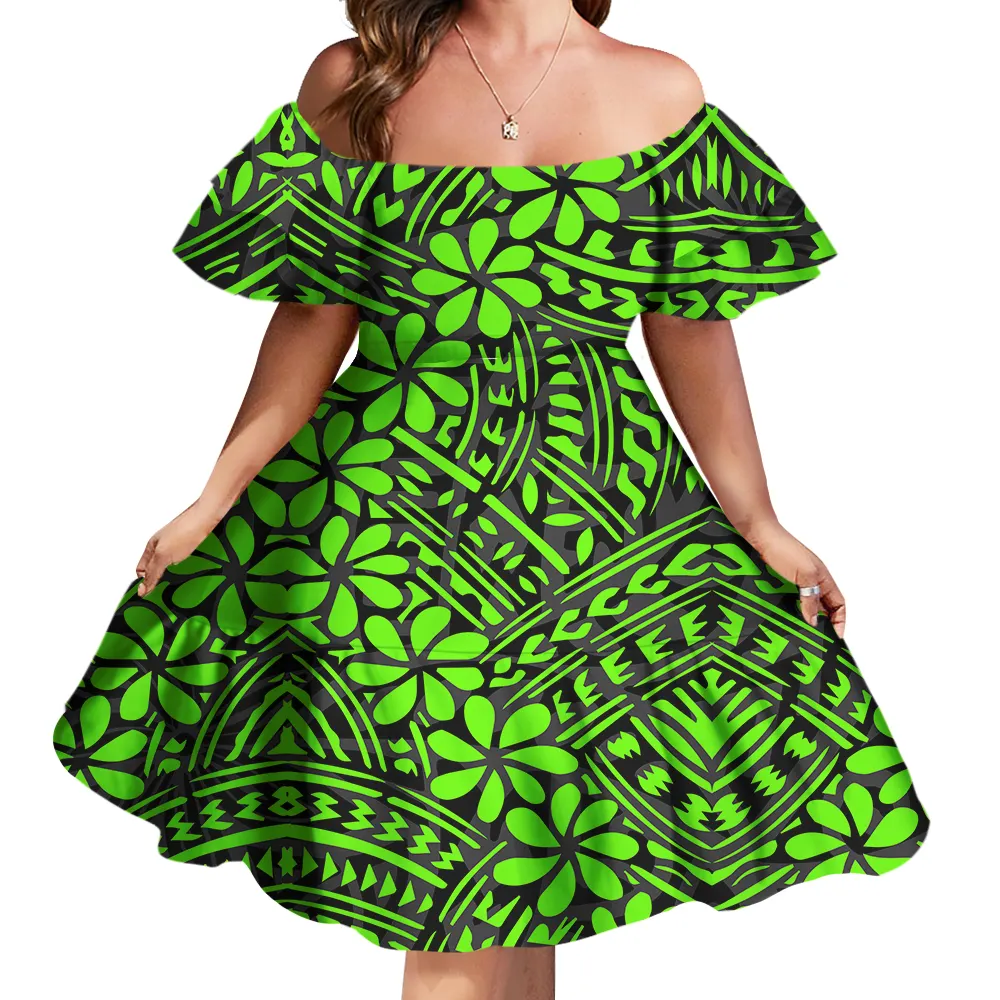 2022 yeni stil polinezya Elei Tribal tasarım gündelik elbiseler yeşil sevimli kapalı omuz Mini fırfır kısa kollu Hawaiian elbise