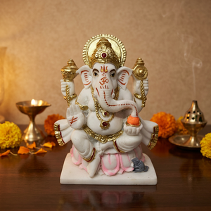 Ídolo Ganpati Bappa de Oro Blanco Sentado sobre una Flor de Loto, 5 Pulgadas, Acabado en Polvo de Mármol, Ganesha Murti para Diwali, Pooja, Templo, Oficina y Escritorio - Product Image 1