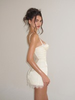 Robe Courte Sexy Femme OEM ODM à Bretelles Fines et Bordures en Dentelle avec Panneau Arrière Transparent, Couleur Personnalisée, Marque Privée, MOQ 50 Pièces