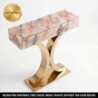 Meuble d'entrée de luxe en quartz rose, console avec tiroirs en bois de noyer, table moderne écologique en acier inoxydable doré, mobilier de maison