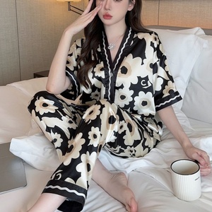 <strong>Women's</strong> Sleepwear 3XL Satin Silk Pajamas Korean Kimono V-neck Short Sleeve <strong>Trousers</strong> 2 Pieces Luxury <strong>Lounge</strong> Wear Silk Home Wear - Product Image 5