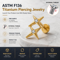 Ensemble de bijoux de piercing corporel en titane ASTM F136, avec pierres CZ dorées, incluant un labret à dos plat fileté et un clou d'oreille pour cartilage, hélix, tragus