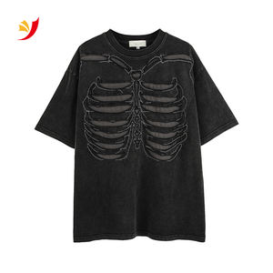 2024 en Stock Hip Hop hombres <span class=keywords><strong>camisetas</strong></span> frente trasero bordado <span class=keywords><strong>esqueleto</strong></span> Patchwork pesado algodón ácido lavado Streetwear camisas - Product Image 2