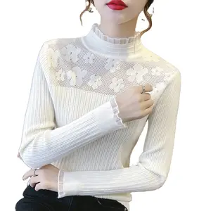 女式秋冬新款蕾丝蕾丝装饰修身打底上衣多功能长袖针织毛衣