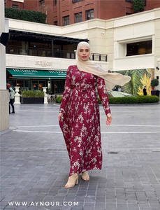 Abbigliamento etnico islamico preghiera elegante O collo bottone frontale stampa floreale pieghettato Chiffon abito Abaya musulmano Dubai <span class=keywords><strong>turchia</strong></span> Ramadan - Product Image 5
