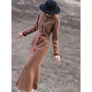 Tùy Chỉnh Retro Phụ Nữ Thanh Lịch Mùa Thu Mới Colorblocking Ve Áo Ngực Duy Nhất Của Phụ Nữ Dài Tay Áo Đuôi Cá Dresses - Product Image 2