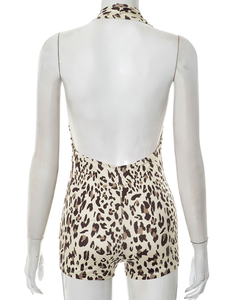 Viviblook J25RP106 Ladies Bodycon Clubwear Summer Jumpsuit Shorts Halter Hollow Deep V Leopard Print Mameluco de una pieza - Product Image 5