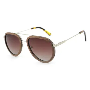 Fashion metal polarized sun glasses double bridge shades uv protection pilot man wood oversized sunglasses
