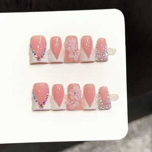Nuevo Producto Lanzado, <span class=keywords><strong>Uñas</strong></span> Hechas a Mano <span class=keywords><strong>con</strong></span> Diseño de Flor Blanca Estilo Francés en Color <span class=keywords><strong>Rosa</strong></span> Diamante para la Temporada de Primavera - Product Image 1