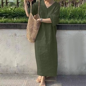 Abito Lungo Estivo da Donna Liu Ming OEM, Stile Retrò, Casual, Maniche Corte, Tinta Unita, Scollo a V, in Cotone e Lino - Product Image 4