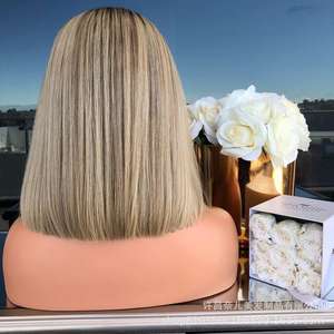 Peluca Bob de oro negro de 12 "con frente de encaje, peluca de pelo recto <span class=keywords><strong>corto</strong></span> sintético resistente al calor con parte media y cuero cabelludo simulado para mujer - Product Image 4