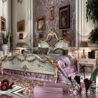 Lit double sculpté à la main en bois massif, meuble de luxe de style français, ensemble de chambre à coucher, design Baroque Rococo