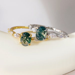 Pendientes de compromiso y boda de ágata musgosa con baño de oro de 18 quilates, anillos de buena suerte para mujer, antideslustre. - Product Image 1