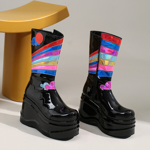 Bottes mi-hautes pour femmes, à talon épais, bout rond, avec fermeture éclair latérale, imprimé coloré, style mode, noires, taille 44 - Product Image 6