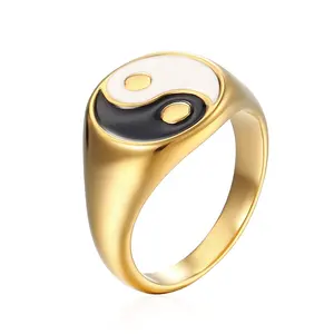 Anillo de acero inoxidable chapado en oro de 18K para mujer, joyería resistente al agua libre, esmalte rosa, Yin Ying Yang