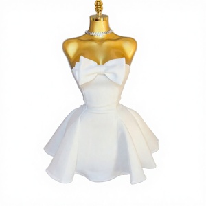 White Strapless Satin Mini <b>Dress</b> With Big Bow A-Line Sweet Party <b>Dress</b> Summer Fitted Flared Hem - Product Image 3