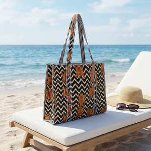 Bolso tote acolchado de algodón con estampado de leopardo, estilo nacional, hecho a mano en India, con asa larga, para mujer, invierno/primavera/verano, con diseño de bloques de color y apertura frontal. - Product Image 2