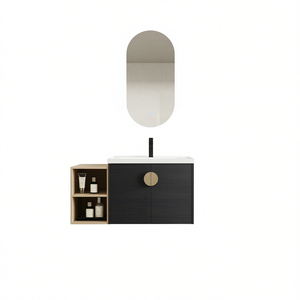 Mueble de Baño de 40 Pulgadas con Puertas de Cierre Suave, Lavabo de Cerámica, Diseño Moderno y Minimalista, de Pie, Acabado Oscuro, Incluye Espejo - Product Image 1