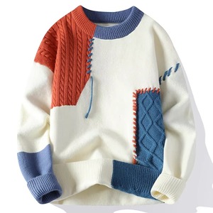 Suéter coreano de hombre de moda, con diseño de patchwork, suéter holgado con contraste de color, abrigo térmico de otoño e invierno, poliéster transpirable - Product Image 4