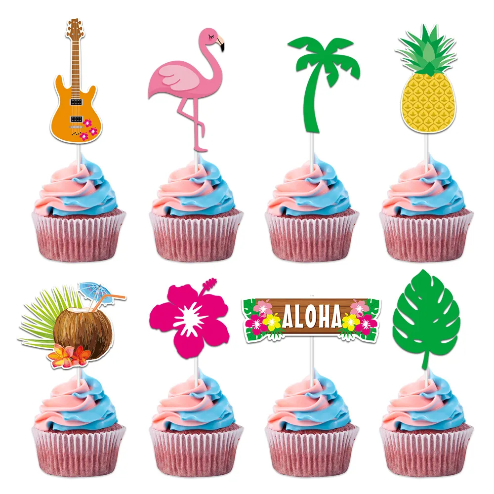 24個のトロピカルカップケーキトッパーアロハカップケーキトッパーアロハベビーシャワー用ハワイアンカップケーキトッパートロピカルウェディングパーティーの装飾