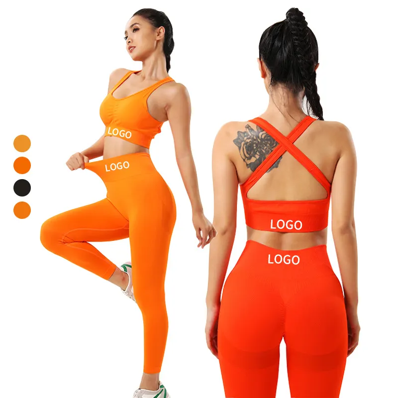 Fabrika fiyat 2 adet toptan Fitness örme dikişsiz bayan Yoga sutyen pantolon eğitim spor Scrunch tozluk kadınlar için