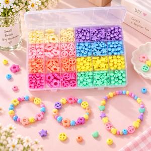 Kit de perles acryliques pastel 24 compartiments en forme de cœur, étoile, fleur, rond et signe de la paix pour la fabrication de bijoux DIY (bracelets, colliers) - Product Image 2