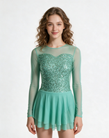 Costume de danse ANNA SHI vert menthe à paillettes, justaucorps de ballet à manches longues en maille avec jupe double couche pour la scène